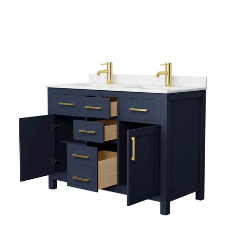 Beckett 48 Inch Double Bathroom Vanity in Dark Blue Carrara Cultured Marble Countertop Undermount Square Sinks Brushed Gold Trim