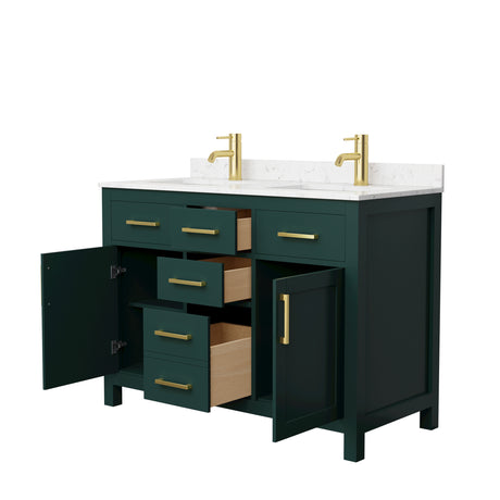 Beckett 48 Inch Double Bathroom Vanity in Green Carrara Cultured Marble Countertop Undermount Square Sinks Brushed Gold Trim