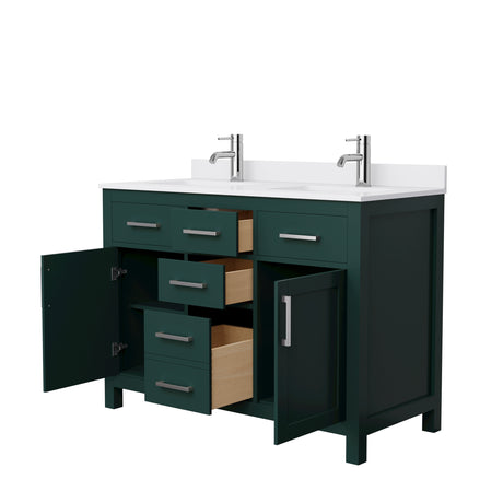 Beckett 48 Inch Double Bathroom Vanity in Green White Cultured Marble Countertop Undermount Square Sinks Brushed Nickel Trim