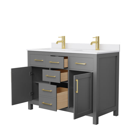 Beckett 48 Inch Double Bathroom Vanity in Dark Gray White Cultured Marble Countertop Undermount Square Sinks Brushed Gold Trim