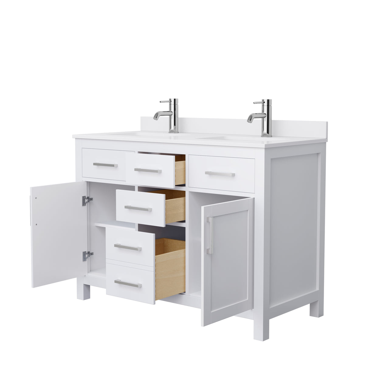 Beckett 48 Inch Double Bathroom Vanity in White White Cultured Marble Countertop Undermount Square Sinks Brushed Nickel Trim