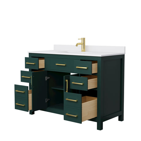 Beckett 48 Inch Single Bathroom Vanity in Green White Cultured Marble Countertop Undermount Square Sink Brushed Gold Trim