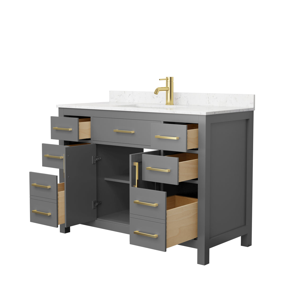 Beckett 48 Inch Single Bathroom Vanity in Dark Gray Carrara Cultured Marble Countertop Undermount Square Sink Brushed Gold Trim