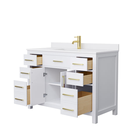 Beckett 48 Inch Single Bathroom Vanity in White White Cultured Marble Countertop Undermount Square Sink Brushed Gold Trim