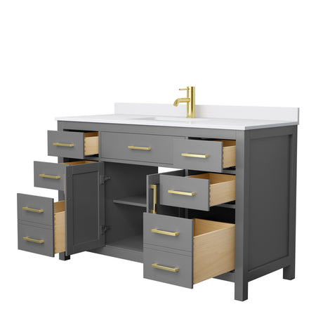 Beckett 54 Inch Single Bathroom Vanity in Dark Gray White Cultured Marble Countertop Undermount Square Sink Brushed Gold Trim