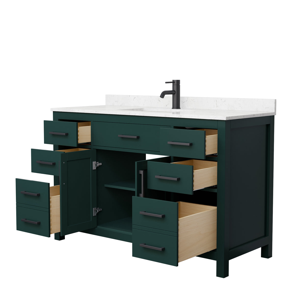 Beckett 54 Inch Single Bathroom Vanity in Green Carrara Cultured Marble Countertop Undermount Square Sink Matte Black Trim