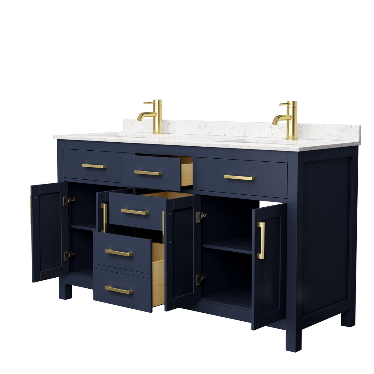 Beckett 60 Inch Double Bathroom Vanity in Dark Blue Carrara Cultured Marble Countertop Undermount Square Sinks No Mirror