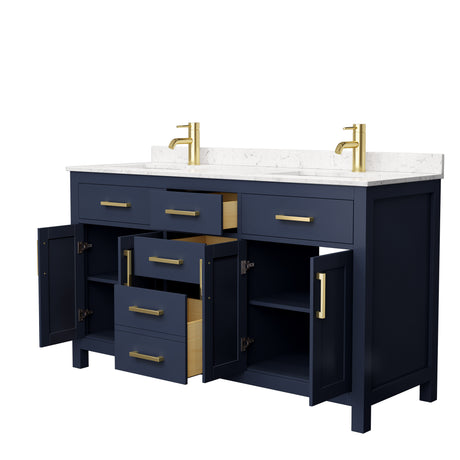 Beckett 60 Inch Double Bathroom Vanity in Dark Blue Carrara Cultured Marble Countertop Undermount Square Sinks No Mirror