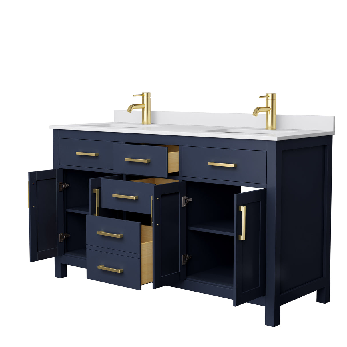 Beckett 60 Inch Double Bathroom Vanity in Dark Blue White Cultured Marble Countertop Undermount Square Sinks No Mirror