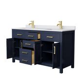 Beckett 60 Inch Double Bathroom Vanity in Dark Blue White Cultured Marble Countertop Undermount Square Sinks No Mirror