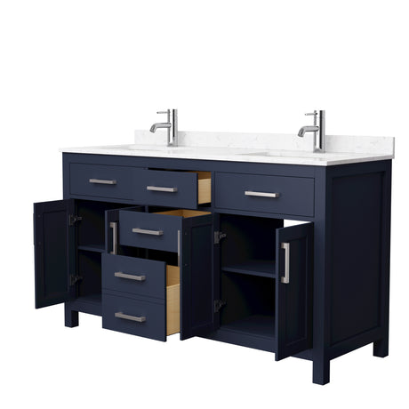 Beckett 60 Inch Double Bathroom Vanity in Dark Blue Carrara Cultured Marble Countertop Undermount Square Sinks Brushed Nickel Trim