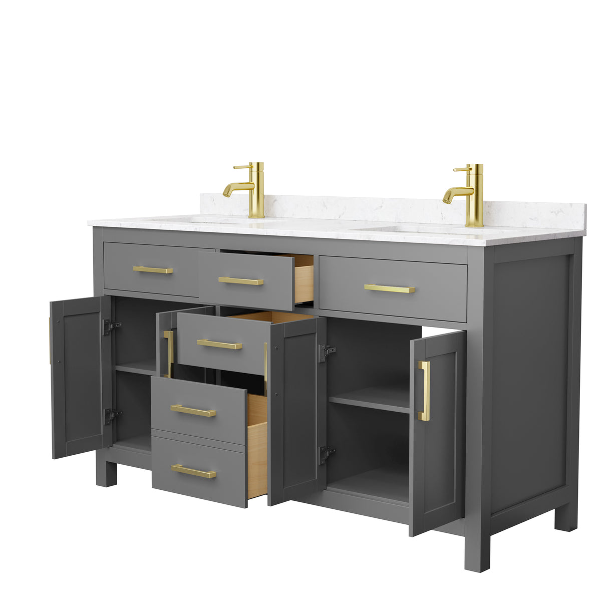 Beckett 60 Inch Double Bathroom Vanity in Dark Gray Carrara Cultured Marble Countertop Undermount Square Sinks Brushed Gold Trim