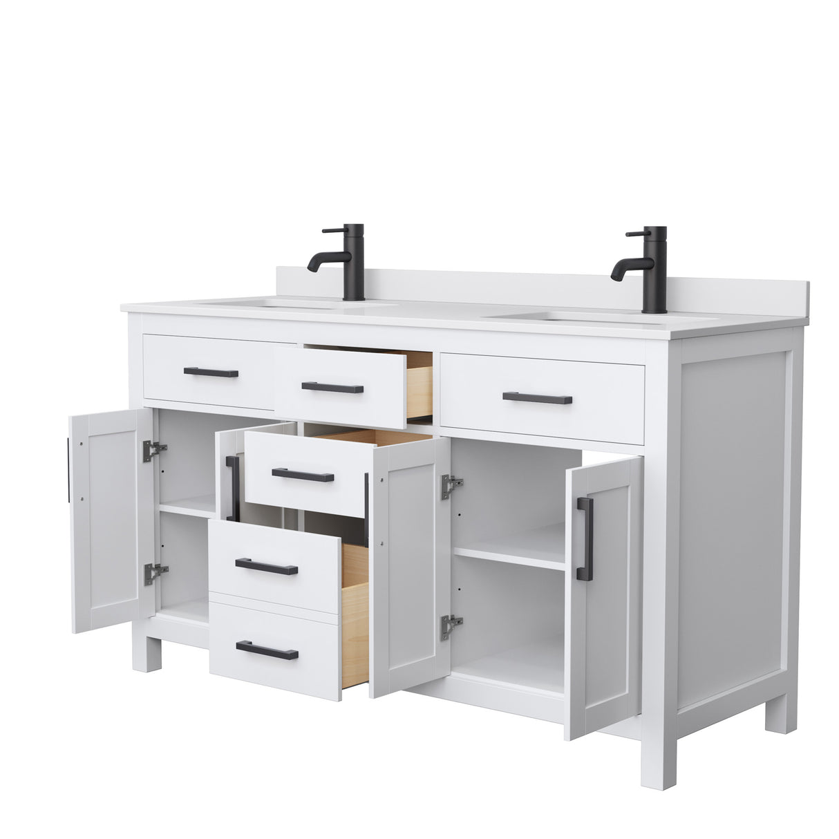 Beckett 60 Inch Double Bathroom Vanity in White White Cultured Marble Countertop Undermount Square Sinks Matte Black Trim