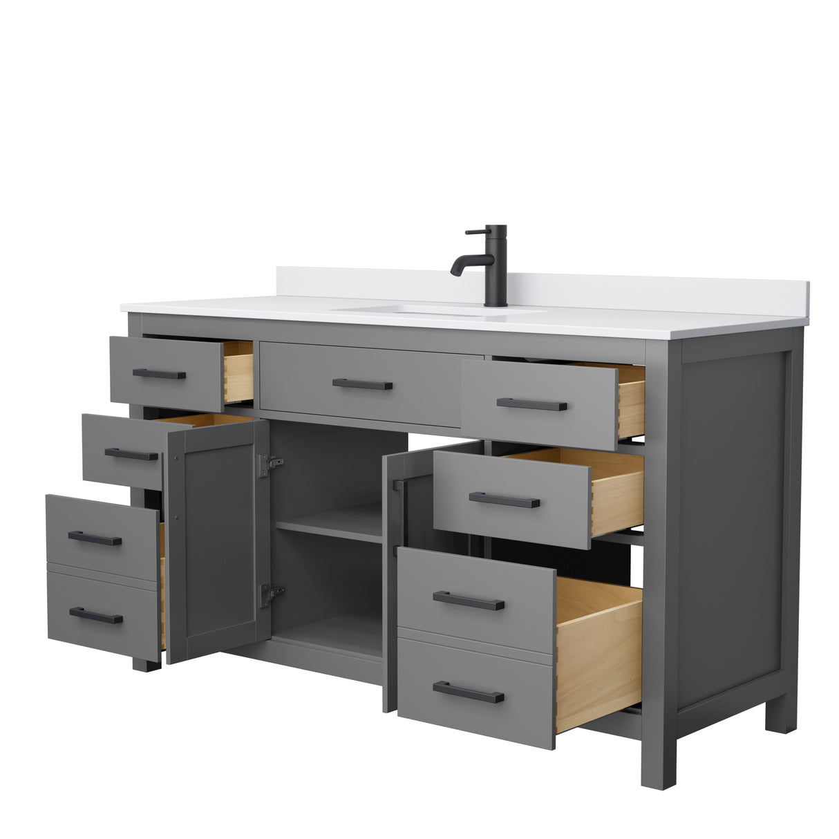Beckett 60 Inch Single Bathroom Vanity in Dark Gray White Cultured Marble Countertop Undermount Square Sink Matte Black Trim