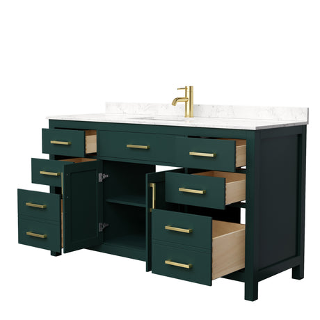 Beckett 60 Inch Single Bathroom Vanity in Green Carrara Cultured Marble Countertop Undermount Square Sink Brushed Gold Trim