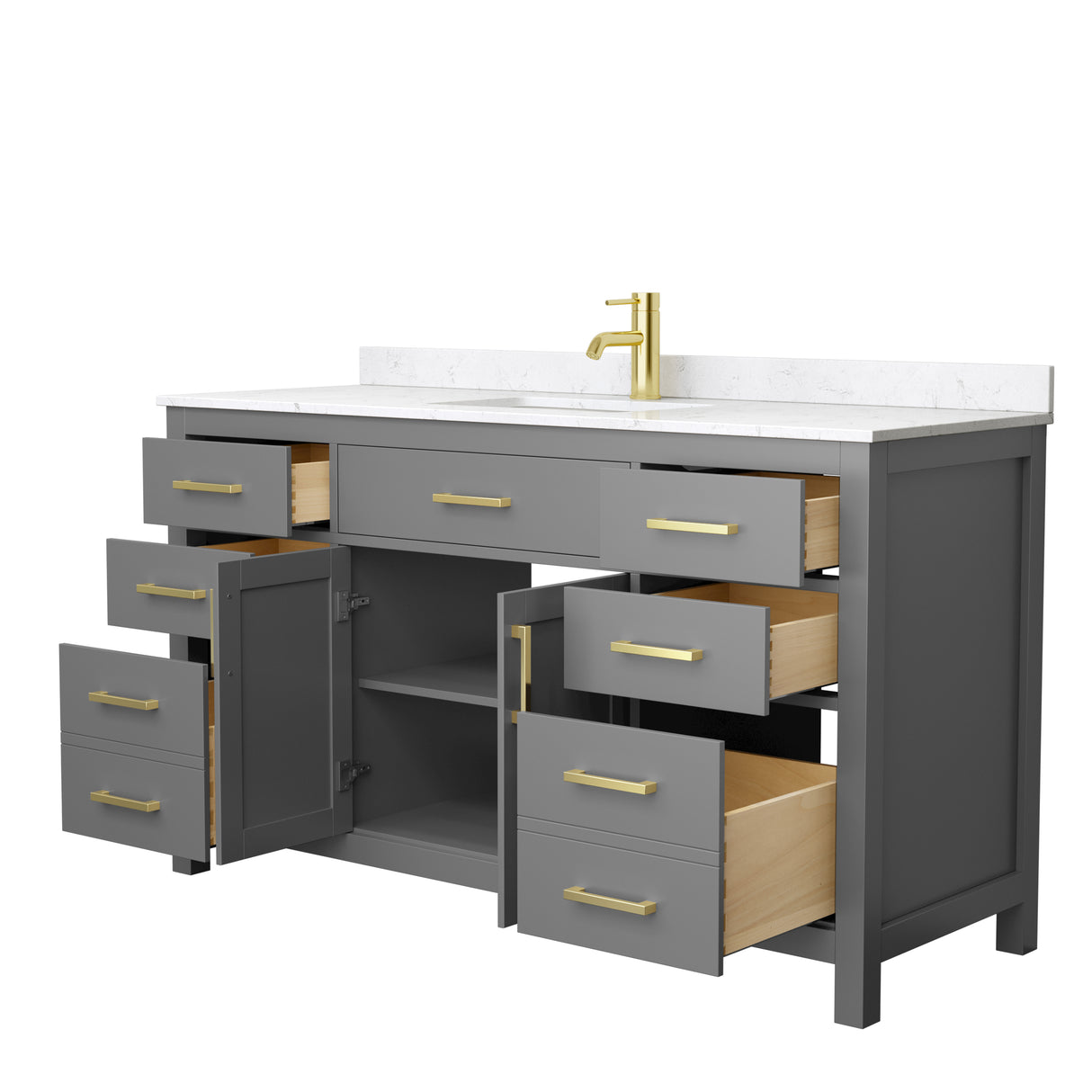 Beckett 60 Inch Single Bathroom Vanity in Dark Gray Carrara Cultured Marble Countertop Undermount Square Sink Brushed Gold Trim