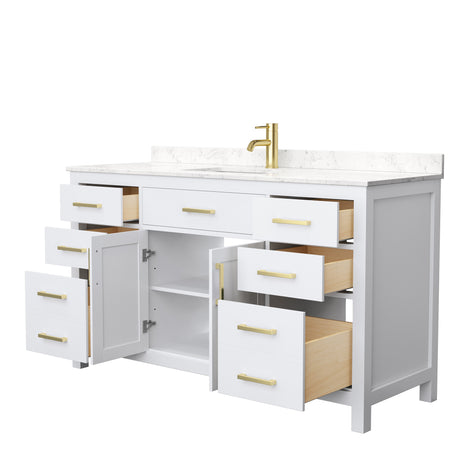 Beckett 60 Inch Single Bathroom Vanity in White Carrara Cultured Marble Countertop Undermount Square Sink Brushed Gold Trim
