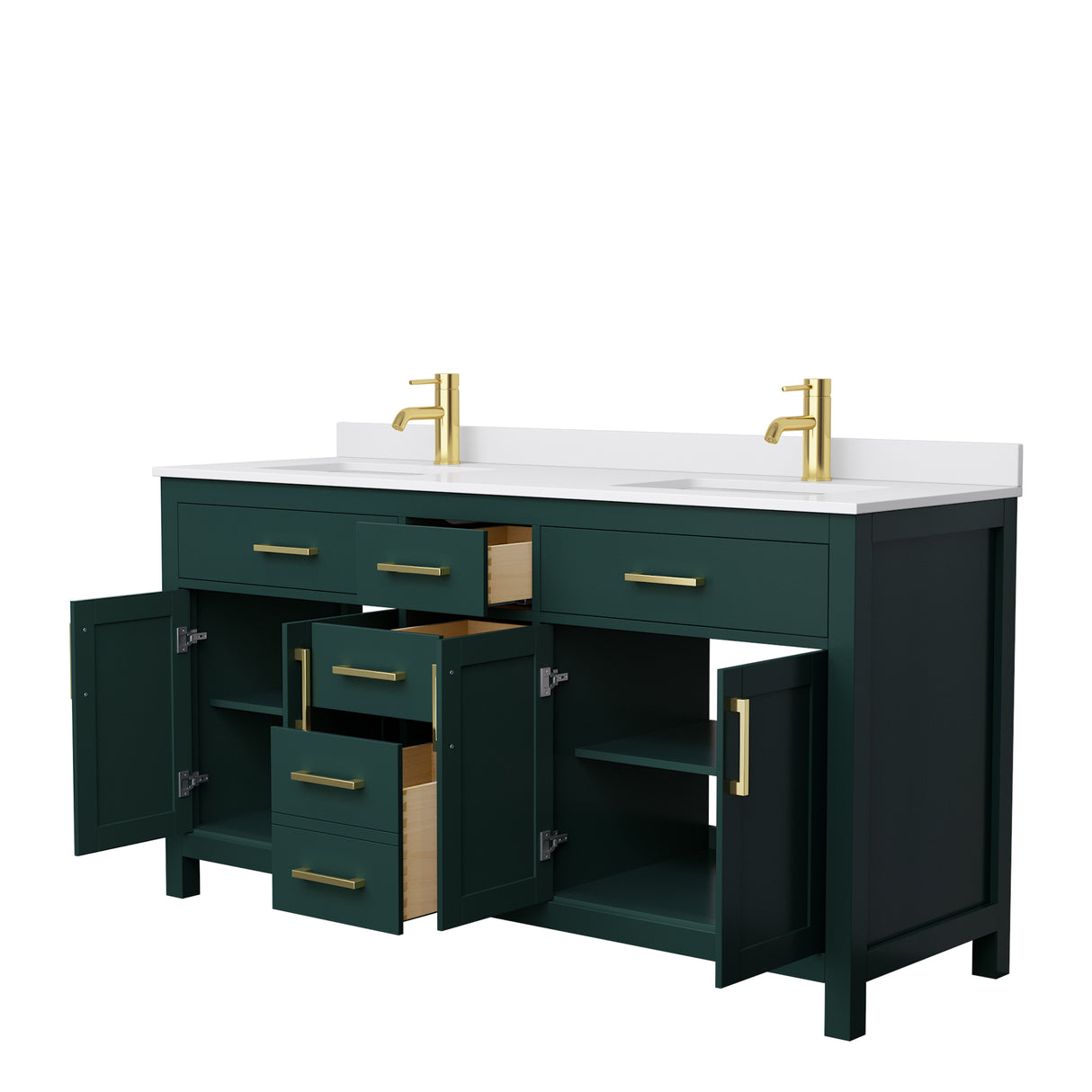 Beckett 66 Inch Double Bathroom Vanity in Green White Cultured Marble Countertop Undermount Square Sinks Brushed Gold Trim