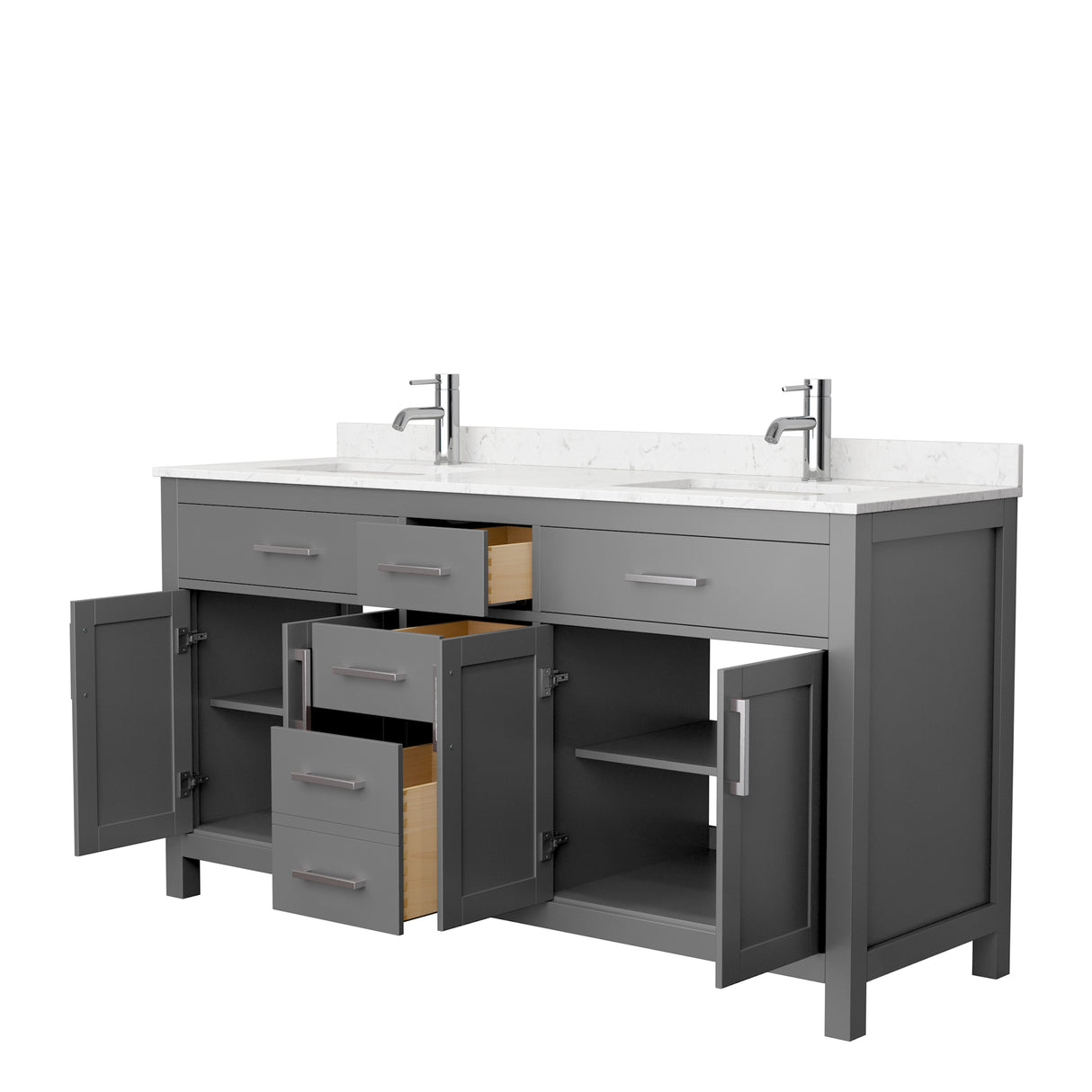Beckett 66 Inch Double Bathroom Vanity in Dark Gray Carrara Cultured Marble Countertop Undermount Square Sinks No Mirror