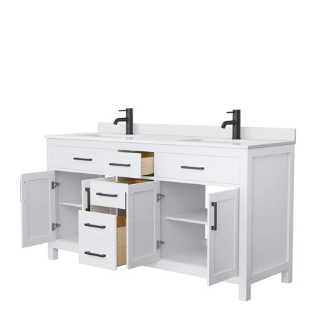 Beckett 66 Inch Double Bathroom Vanity in White White Cultured Marble Countertop Undermount Square Sinks Matte Black Trim