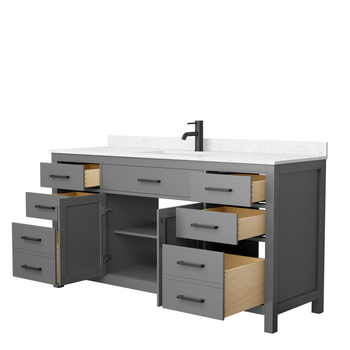 Beckett 66 Inch Single Bathroom Vanity in Dark Gray Carrara Cultured Marble Countertop Undermount Square Sink Matte Black Trim