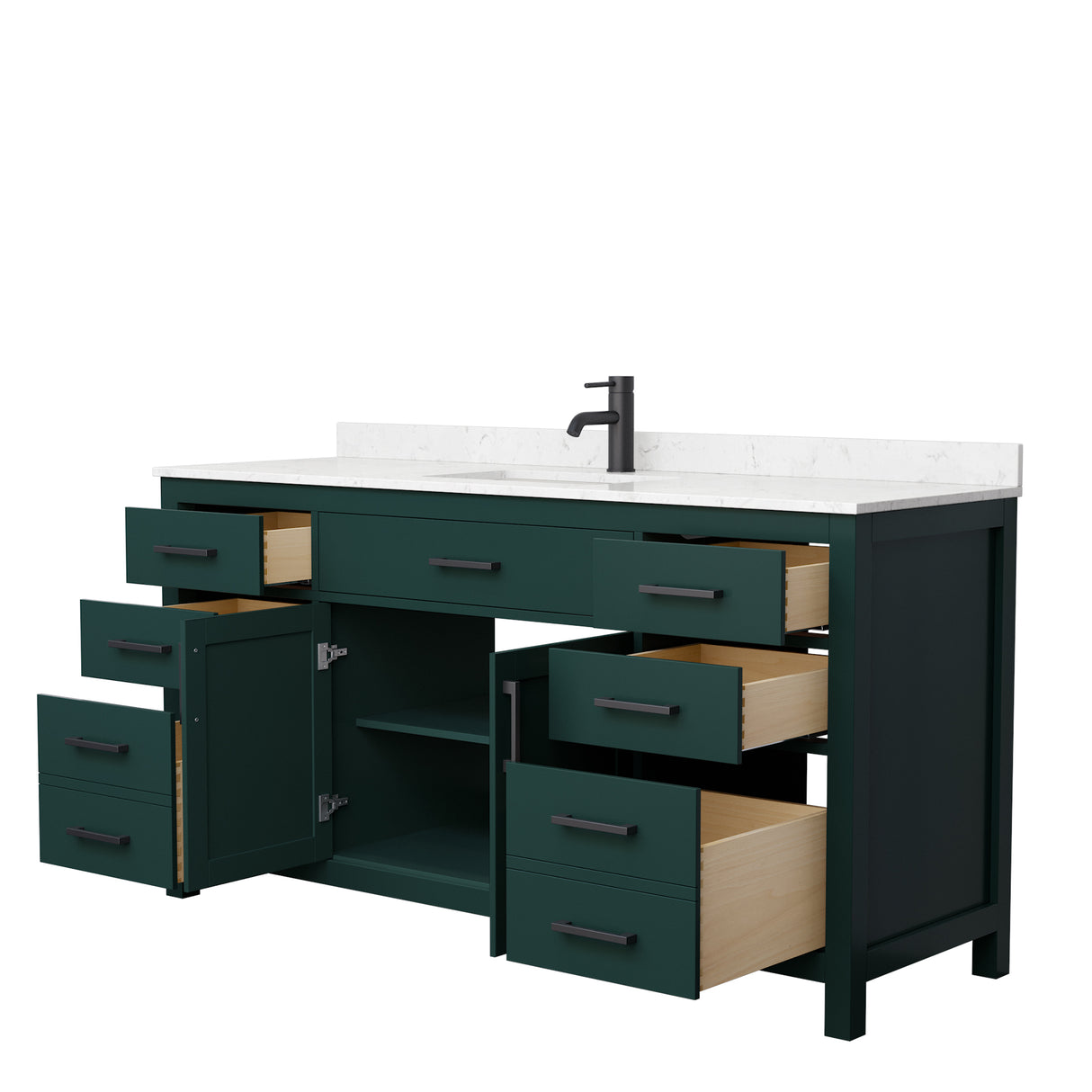 Beckett 66 Inch Single Bathroom Vanity in Green Carrara Cultured Marble Countertop Undermount Square Sink Matte Black Trim