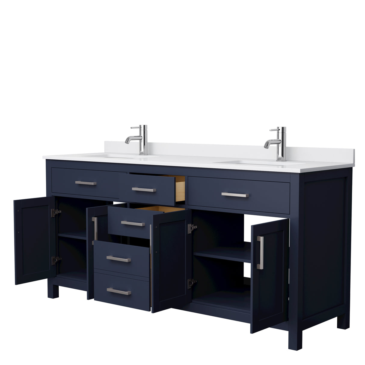 Beckett 72 Inch Double Bathroom Vanity in Dark Blue White Cultured Marble Countertop Undermount Square Sinks Brushed Nickel Trim