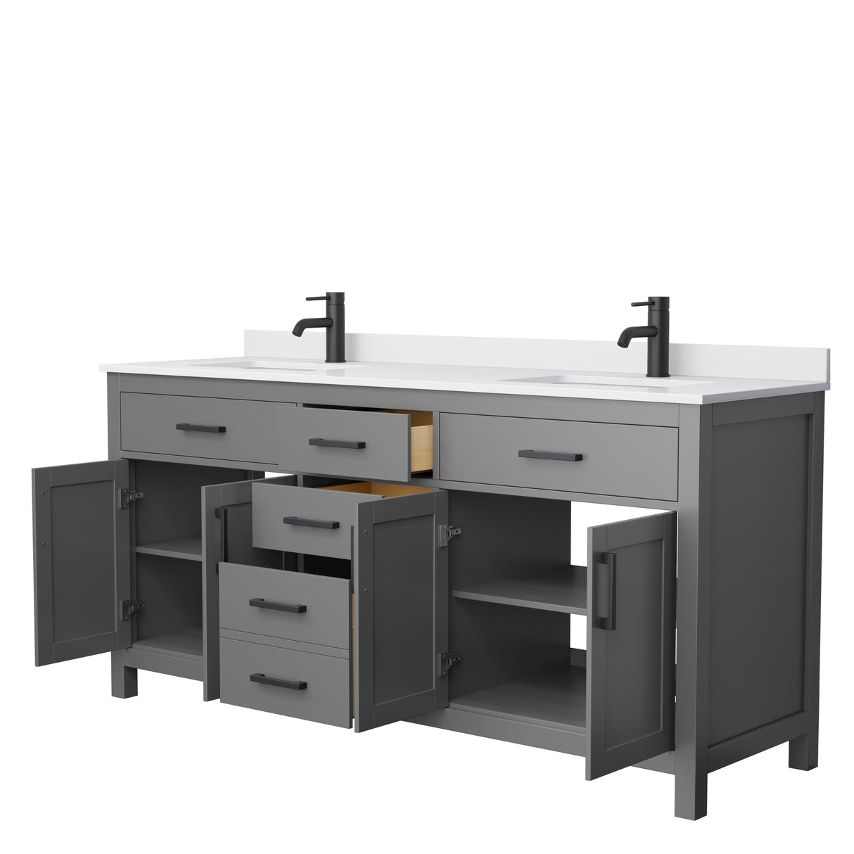 Beckett 72 Inch Double Bathroom Vanity in Dark Gray White Cultured Marble Countertop Undermount Square Sinks Matte Black Trim