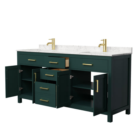 Beckett 72 Inch Double Bathroom Vanity in Green Carrara Cultured Marble Countertop Undermount Square Sinks Brushed Gold Trim