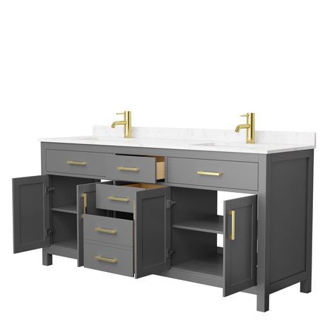 Beckett 72 Inch Double Bathroom Vanity in Dark Gray Carrara Cultured Marble Countertop Undermount Square Sinks Brushed Gold Trim