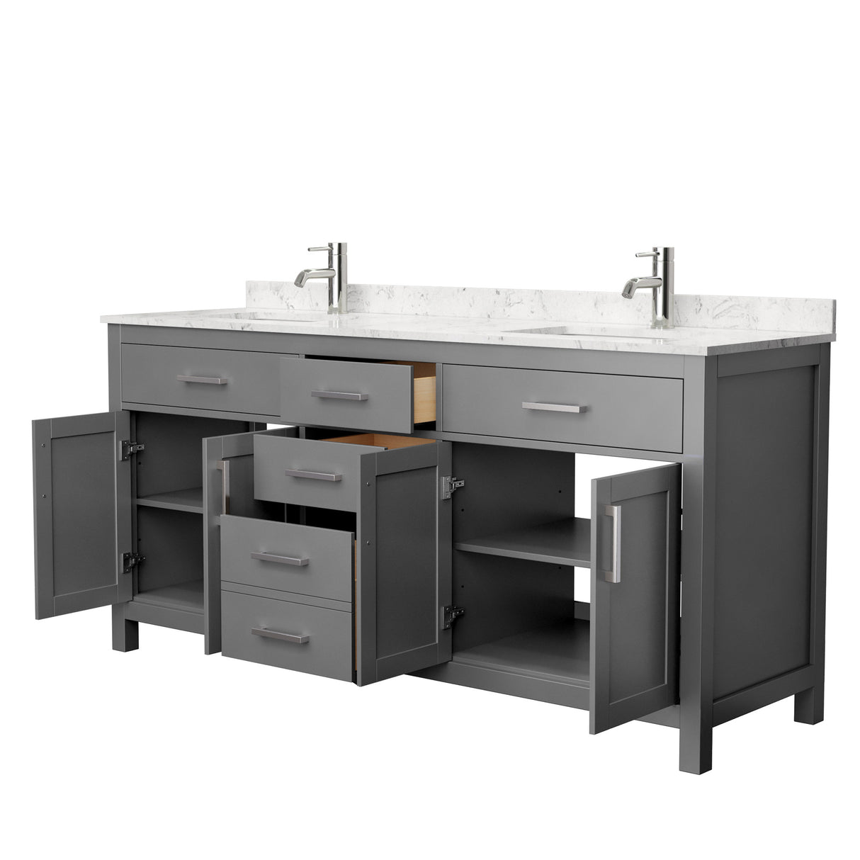 Beckett 72 Inch Double Bathroom Vanity in Dark Gray Carrara Cultured Marble Countertop Undermount Square Sinks No Mirror