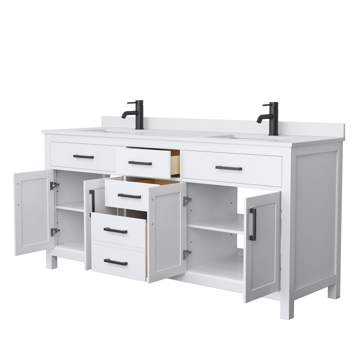 Beckett 72 Inch Double Bathroom Vanity in White White Cultured Marble Countertop Undermount Square Sinks Matte Black Trim