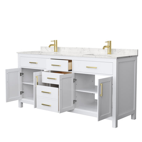 Beckett 72 Inch Double Bathroom Vanity in White Carrara Cultured Marble Countertop Undermount Square Sinks Brushed Gold Trim