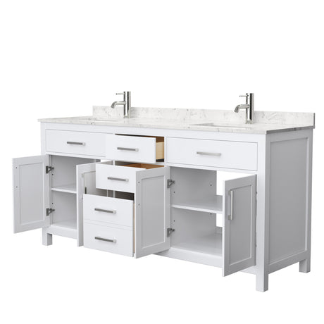 Beckett 72 Inch Double Bathroom Vanity in White Carrara Cultured Marble Countertop Undermount Square Sinks No Mirror