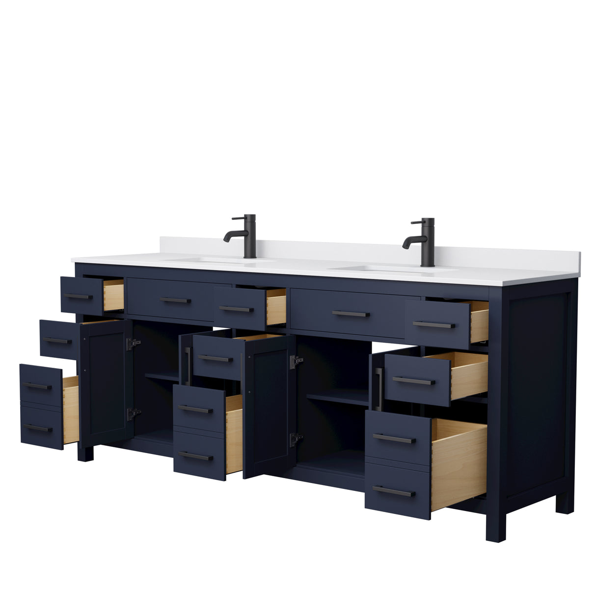 Beckett 84 Inch Double Bathroom Vanity in Dark Blue White Cultured Marble Countertop Undermount Square Sinks Matte Black Trim