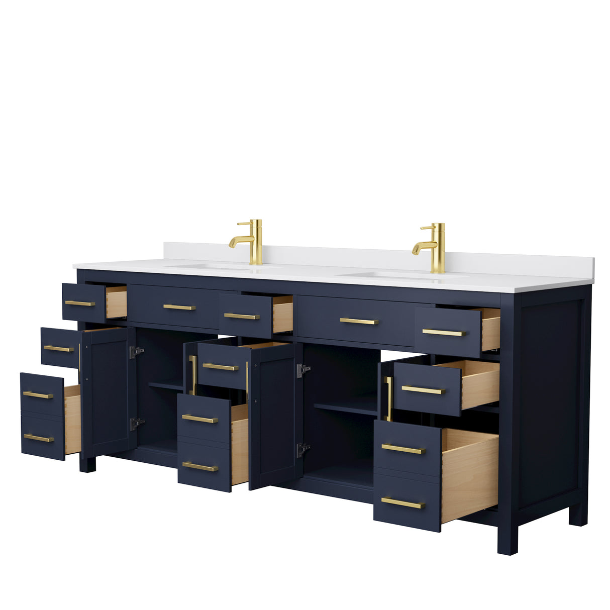 Beckett 84 Inch Double Bathroom Vanity in Dark Blue White Cultured Marble Countertop Undermount Square Sinks No Mirror