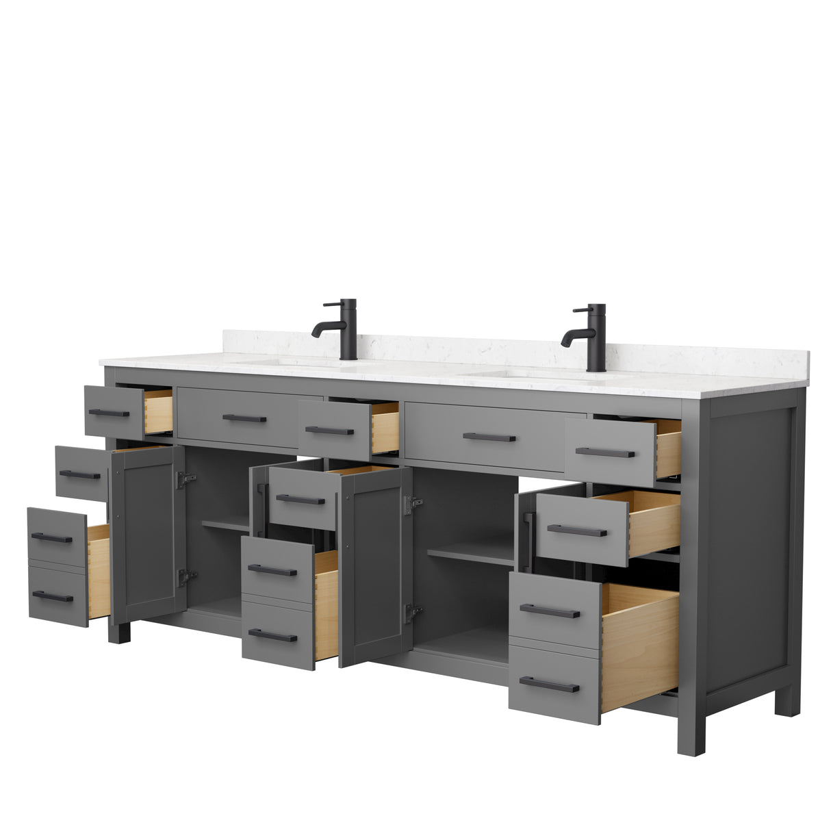 Beckett 84 Inch Double Bathroom Vanity in Dark Gray Carrara Cultured Marble Countertop Undermount Square Sinks Matte Black Trim