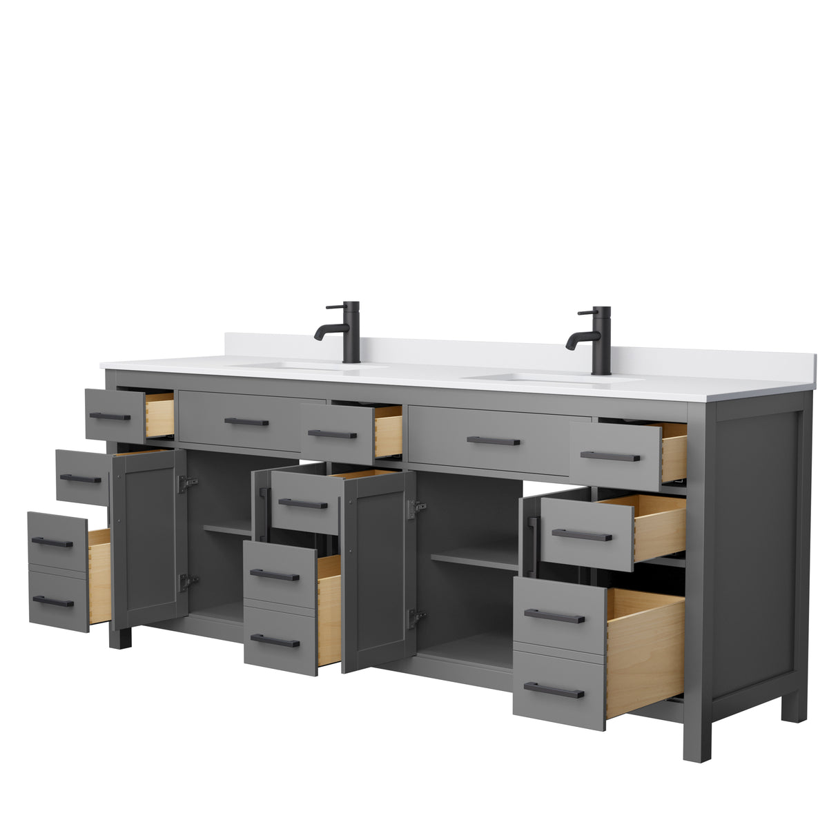 Beckett 84 Inch Double Bathroom Vanity in Dark Gray White Cultured Marble Countertop Undermount Square Sinks Matte Black Trim