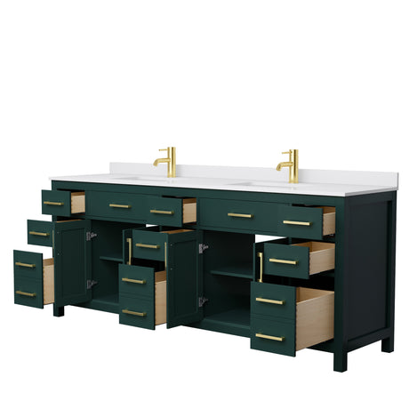 Beckett 84 Inch Double Bathroom Vanity in Green White Cultured Marble Countertop Undermount Square Sinks Brushed Gold Trim