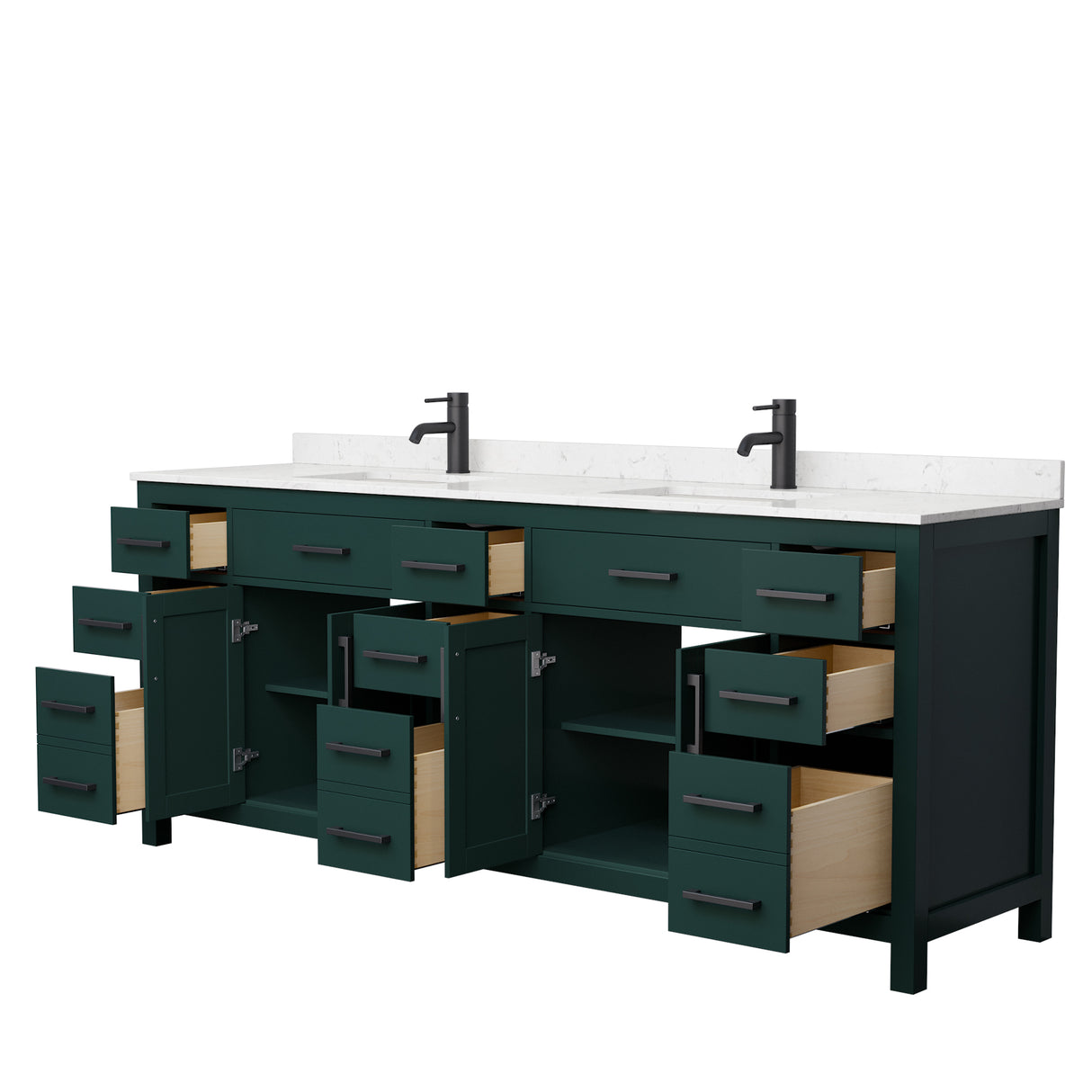 Beckett 84 Inch Double Bathroom Vanity in Green Carrara Cultured Marble Countertop Undermount Square Sinks Matte Black Trim