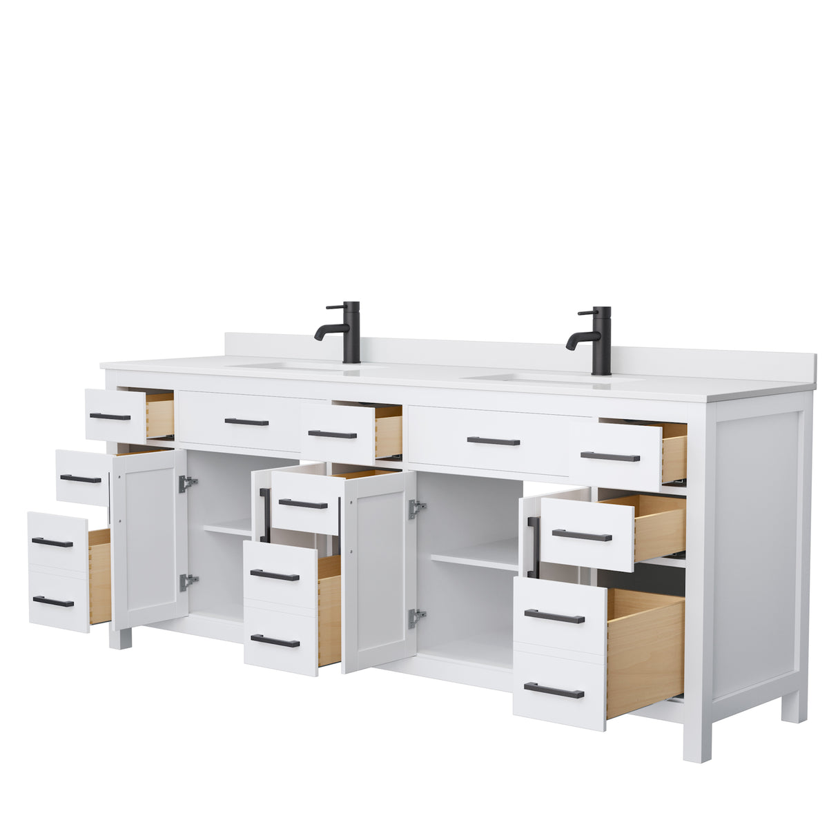 Beckett 84 Inch Double Bathroom Vanity in White White Cultured Marble Countertop Undermount Square Sinks Matte Black Trim