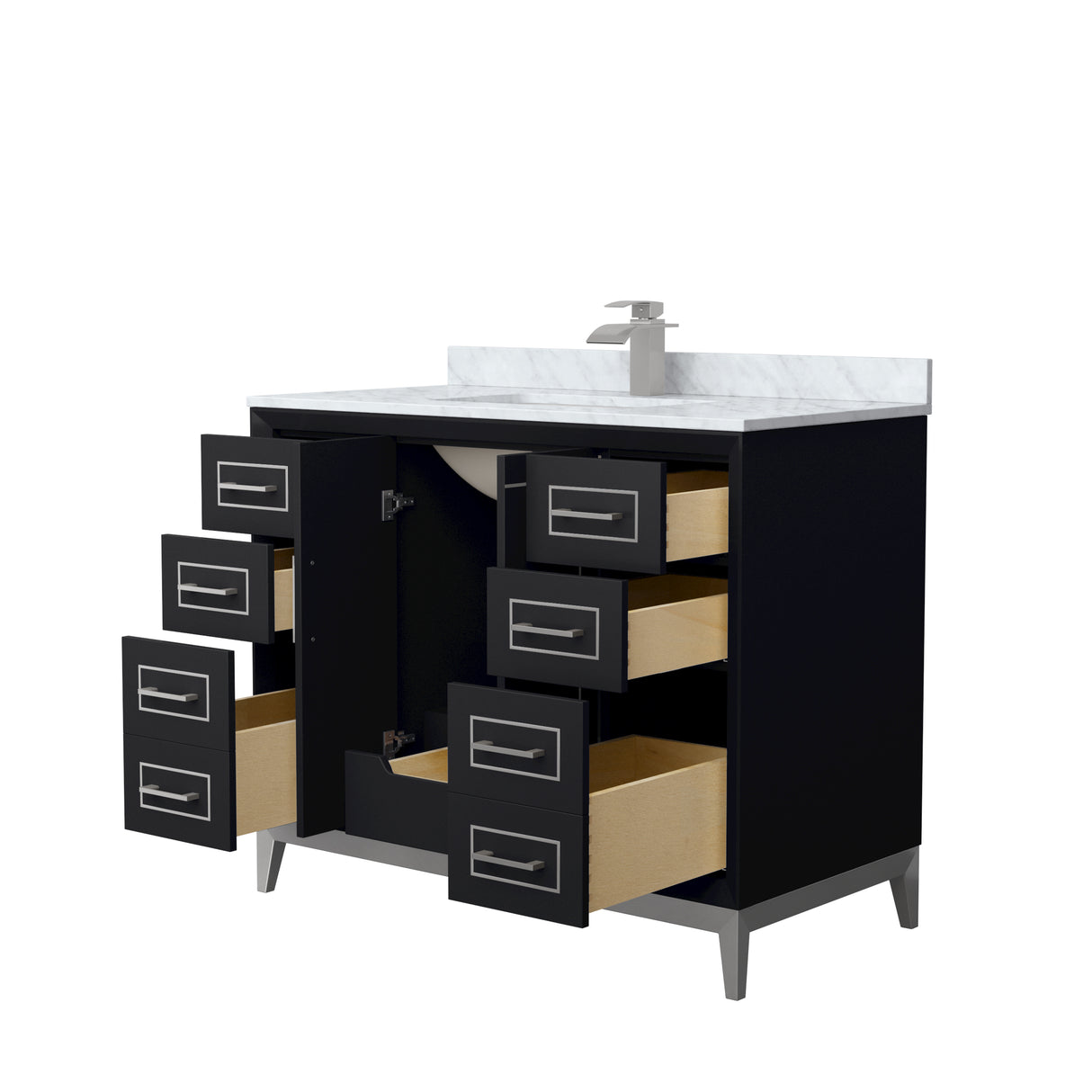 Marlena 42 Inch Single Bathroom Vanity in Black White Carrara Marble Countertop Undermount Square Sink Brushed Nickel Trim