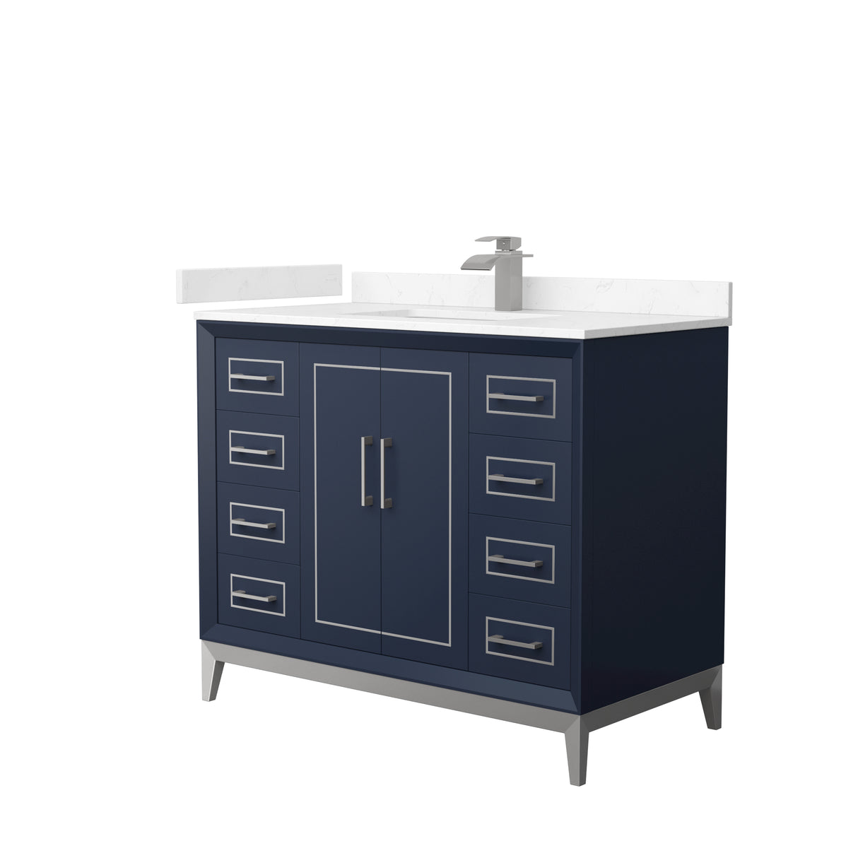 Marlena 42 Inch Single Bathroom Vanity in Dark Blue Carrara Cultured Marble Countertop Undermount Square Sink Brushed Nickel Trim