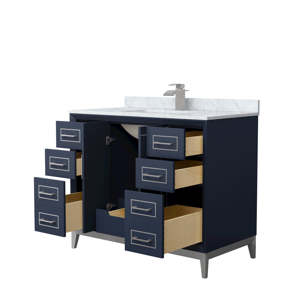 Marlena 42 Inch Single Bathroom Vanity in Dark Blue White Carrara Marble Countertop Undermount Square Sink Brushed Nickel Trim
