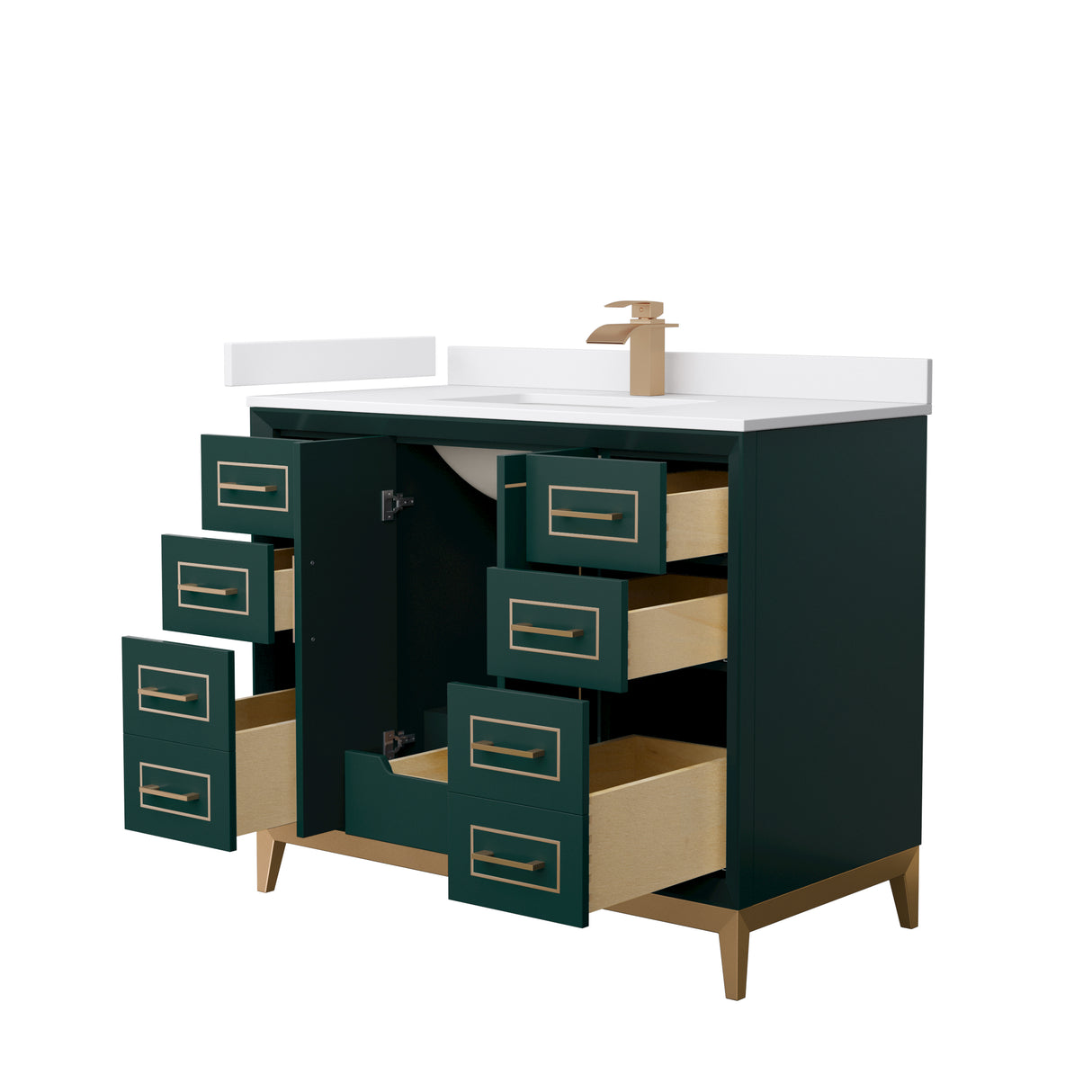 Marlena 42 Inch Single Bathroom Vanity in Green White Cultured Marble Countertop Undermount Square Sink Satin Bronze Trim