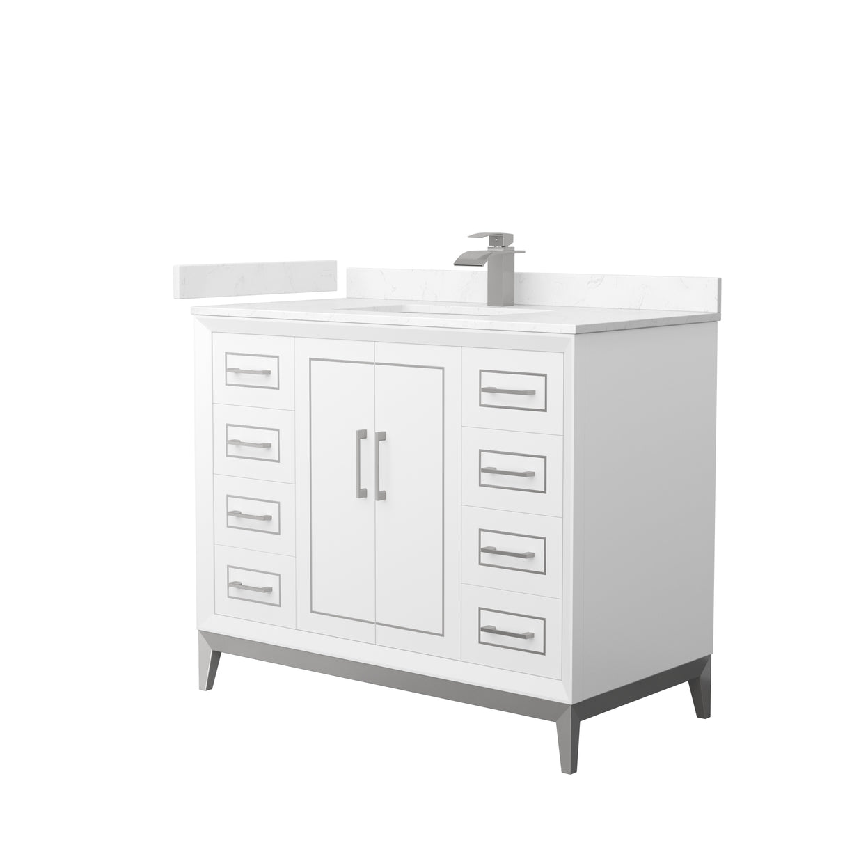 Marlena 42 Inch Single Bathroom Vanity in White Carrara Cultured Marble Countertop Undermount Square Sink Brushed Nickel Trim