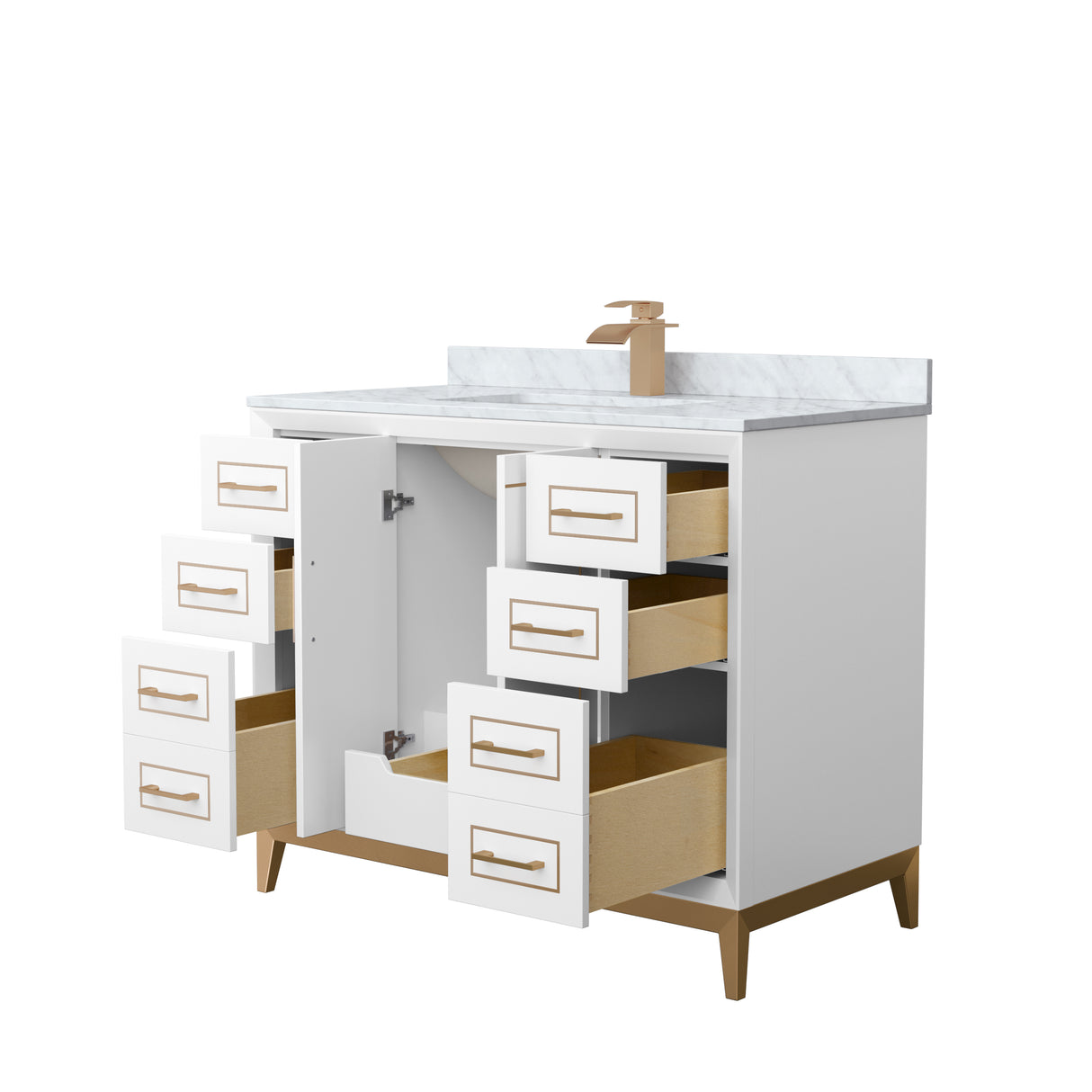 Marlena 42 Inch Single Bathroom Vanity in White White Carrara Marble Countertop Undermount Square Sink Satin Bronze Trim