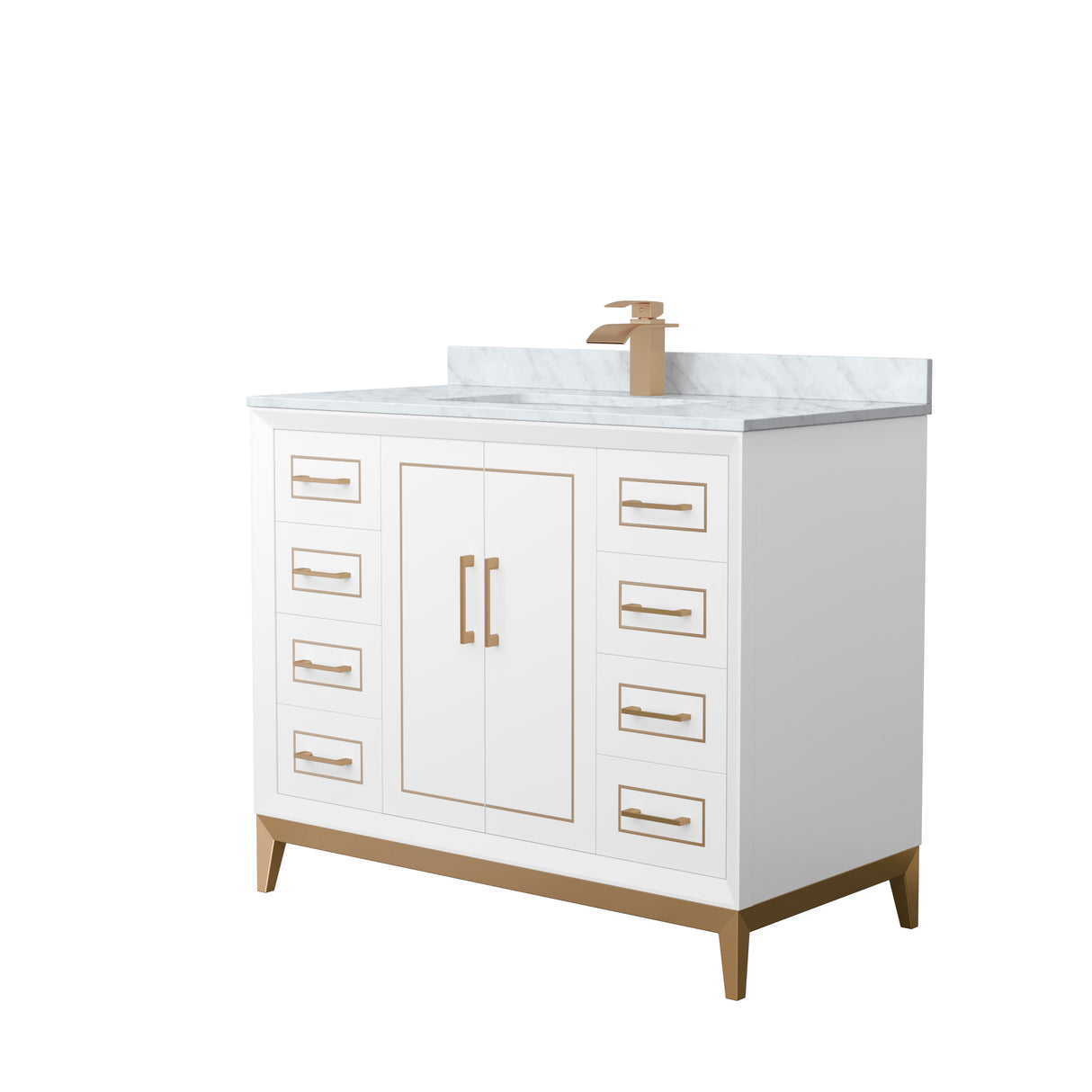 Marlena 42 Inch Single Bathroom Vanity in White White Carrara Marble Countertop Undermount Square Sink Satin Bronze Trim
