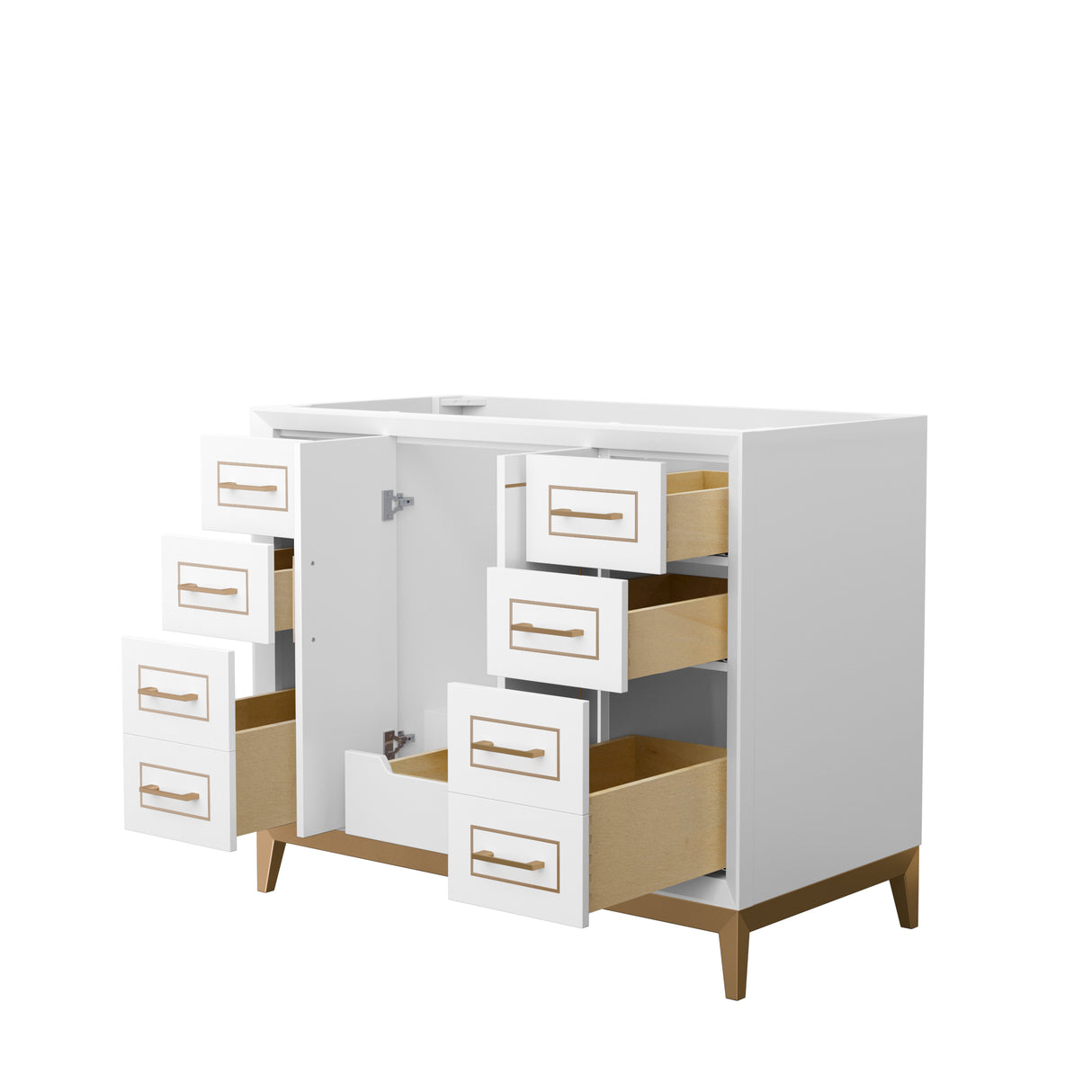 Marlena 42 Inch Single Bathroom Vanity in White No Countertop No Sink Satin Bronze Trim