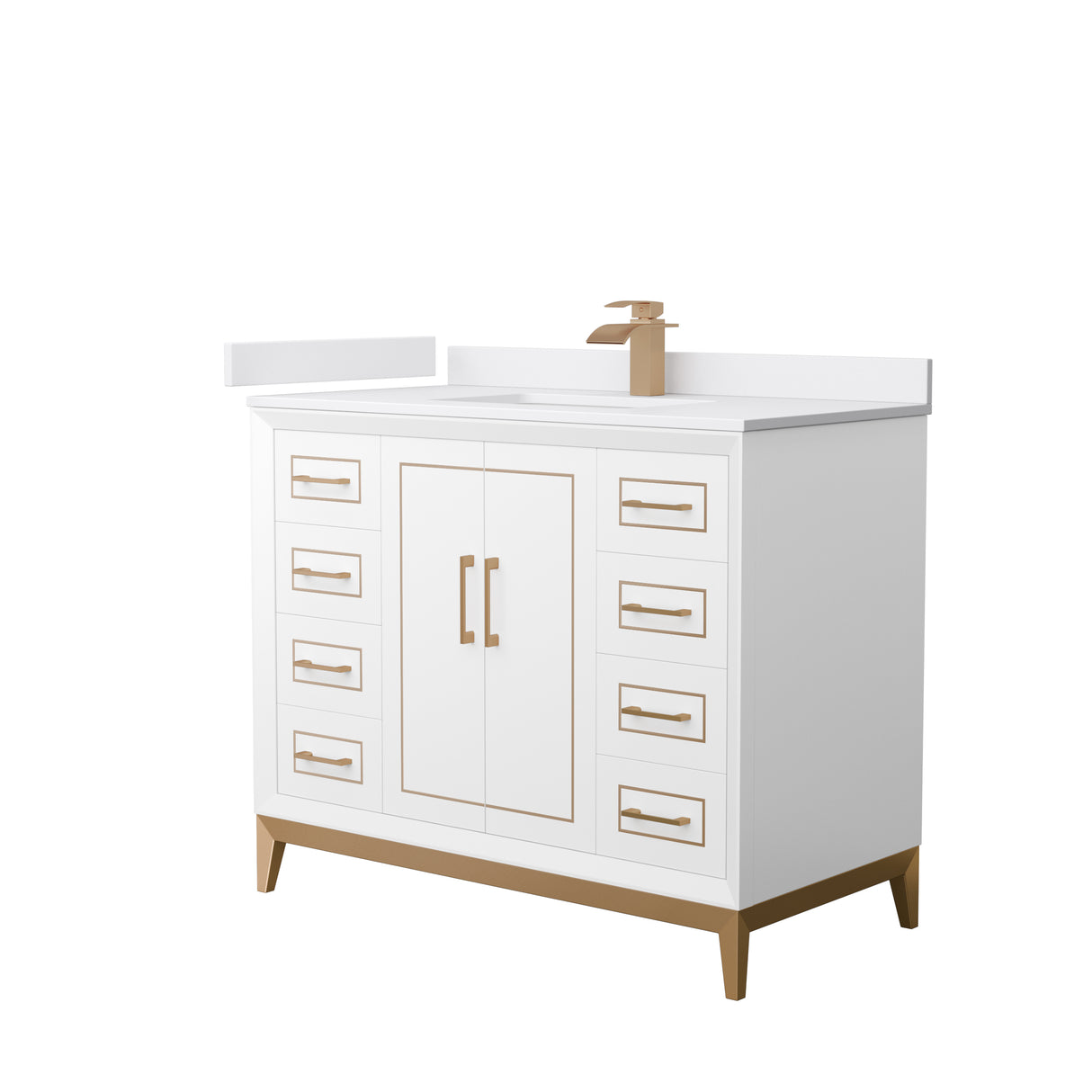 Marlena 42 Inch Single Bathroom Vanity in White White Cultured Marble Countertop Undermount Square Sink Satin Bronze Trim